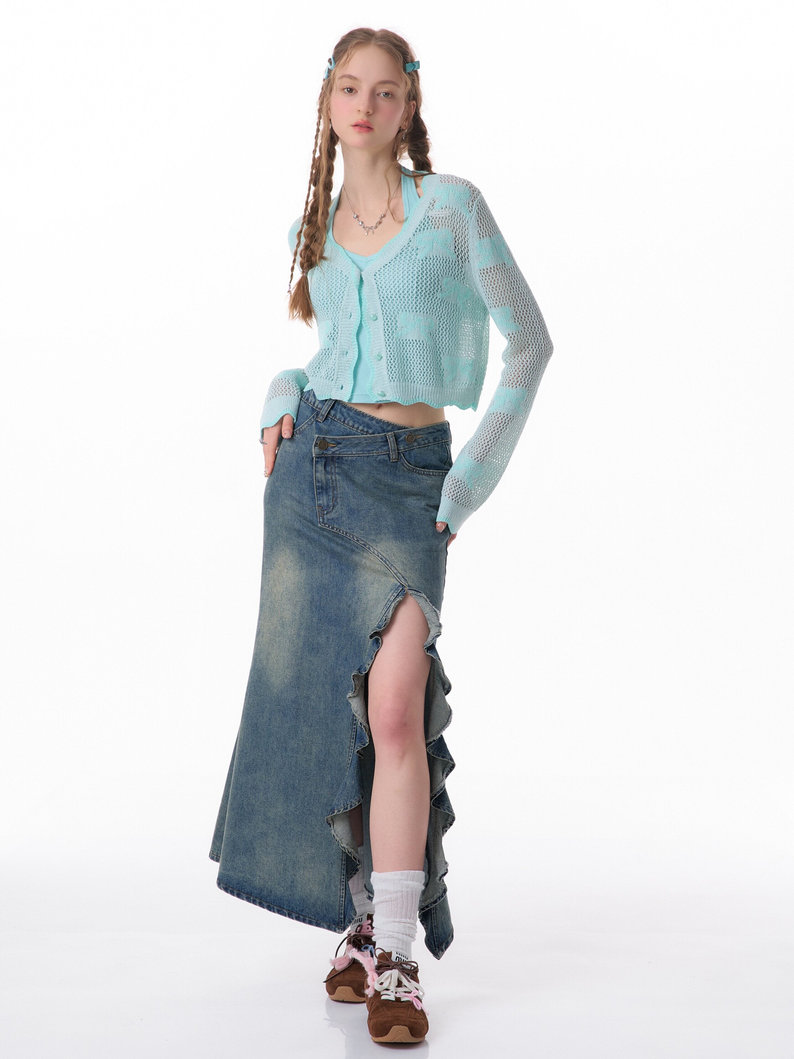 Retro High-Waisted Denim Fishtail Skirt