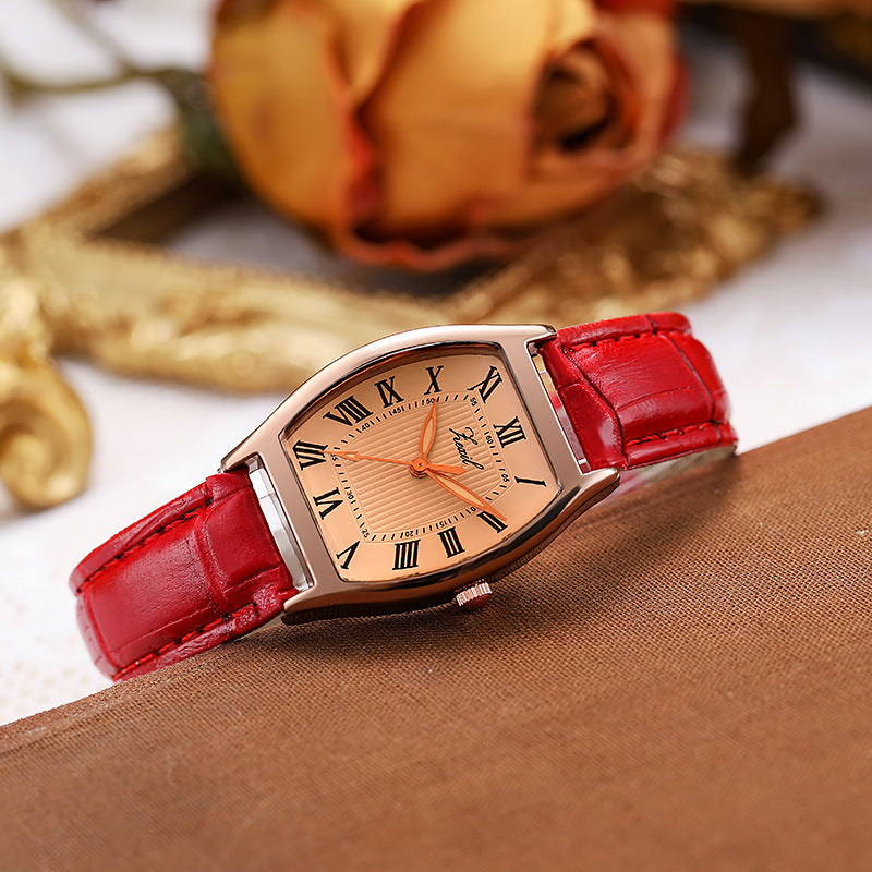 Retro Barrel-Shaped Leather Strap Quartz Watch for Women