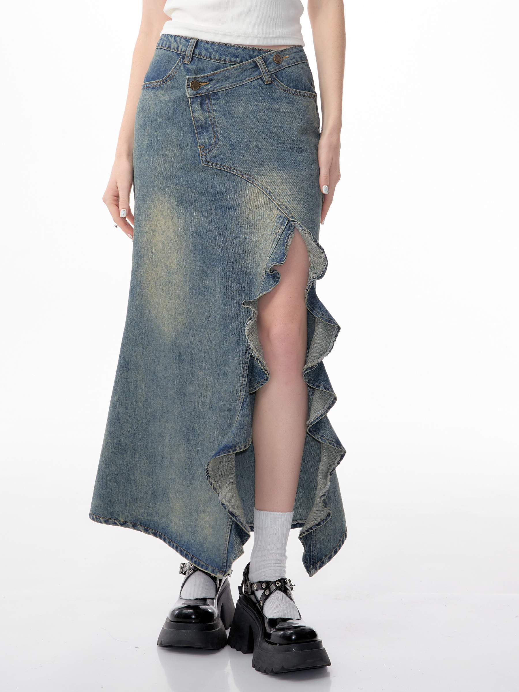 Retro High-Waisted Denim Fishtail Skirt