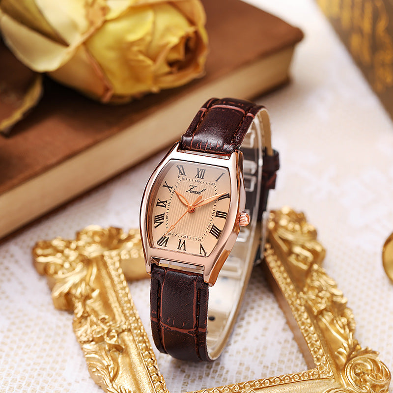 Retro Barrel-Shaped Leather Strap Quartz Watch for Women