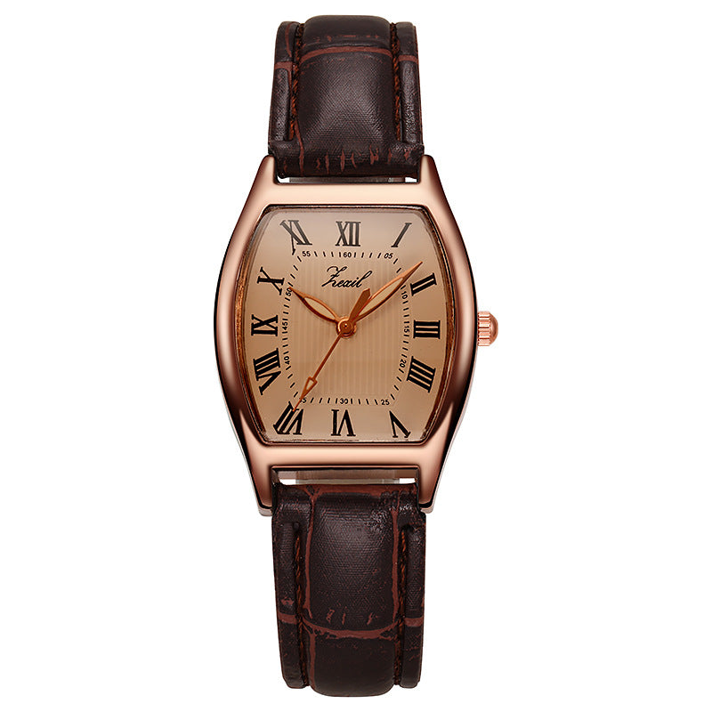 Retro Barrel-Shaped Leather Strap Quartz Watch for Women