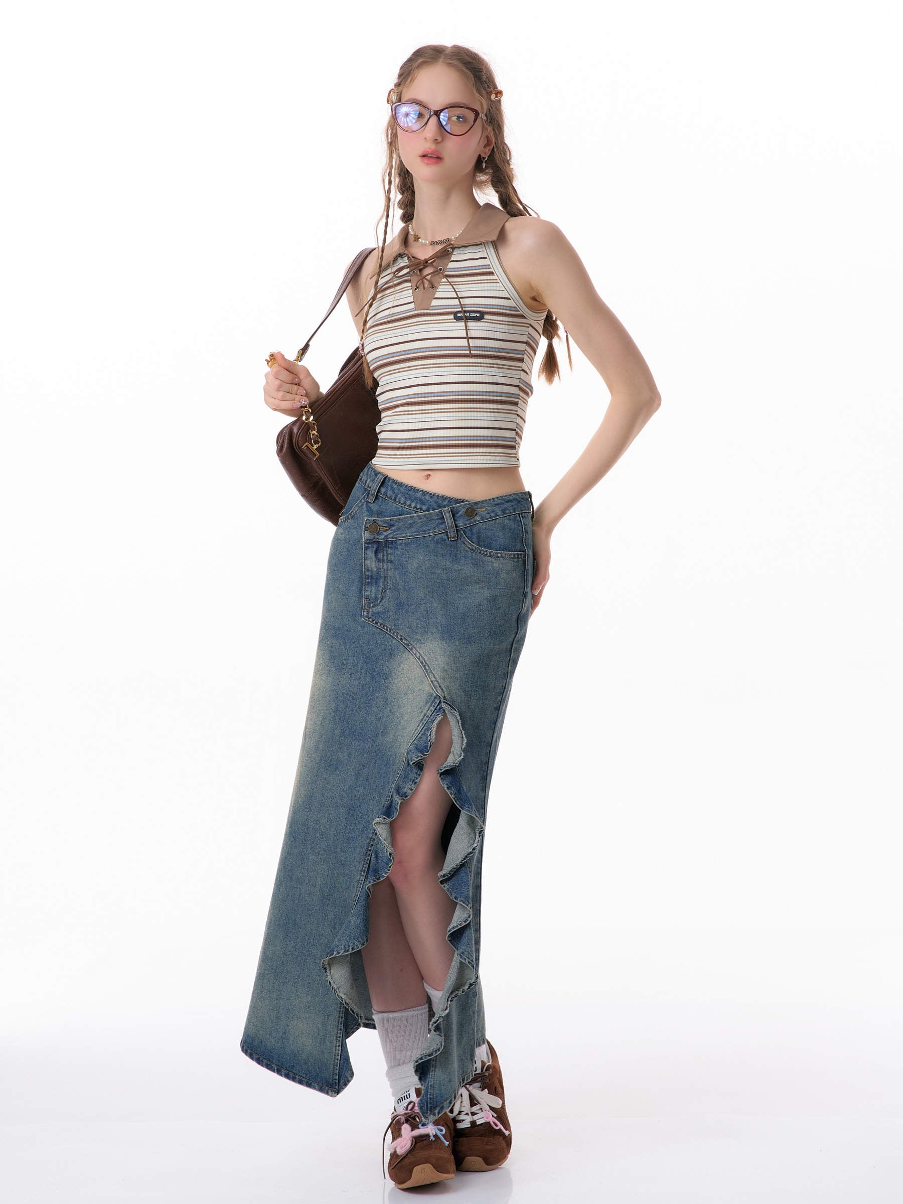 Retro High-Waisted Denim Fishtail Skirt