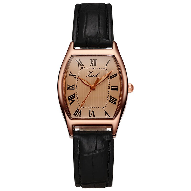 Retro Barrel-Shaped Leather Strap Quartz Watch for Women