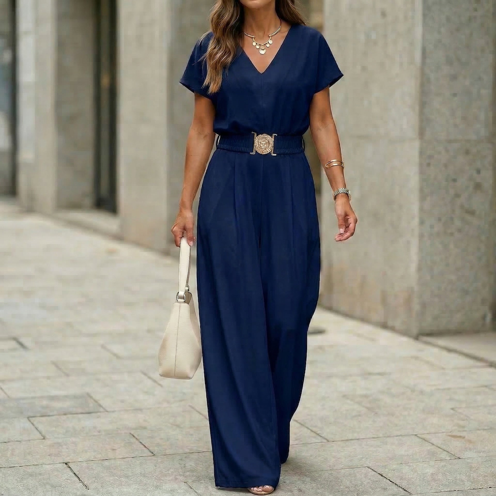 Womens V-neck Solid-color Short-sleeve Long-pants Belted Jumpsuit