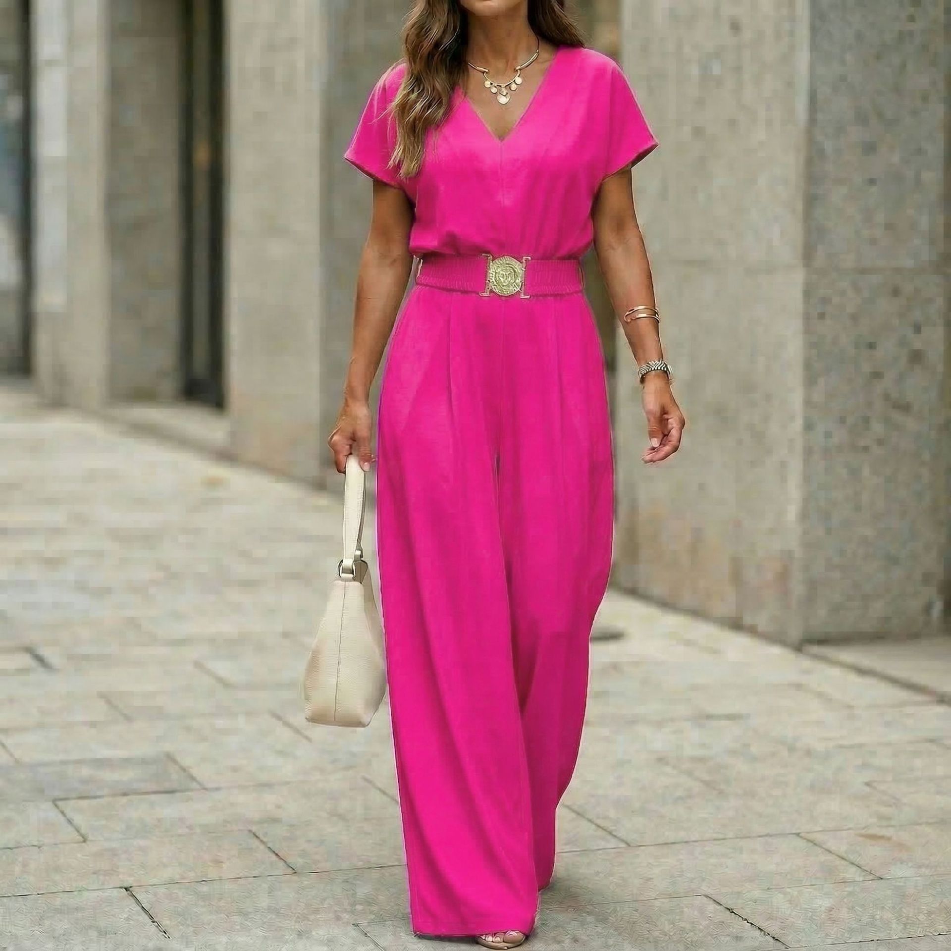 Womens V-neck Solid-color Short-sleeve Long-pants Belted Jumpsuit