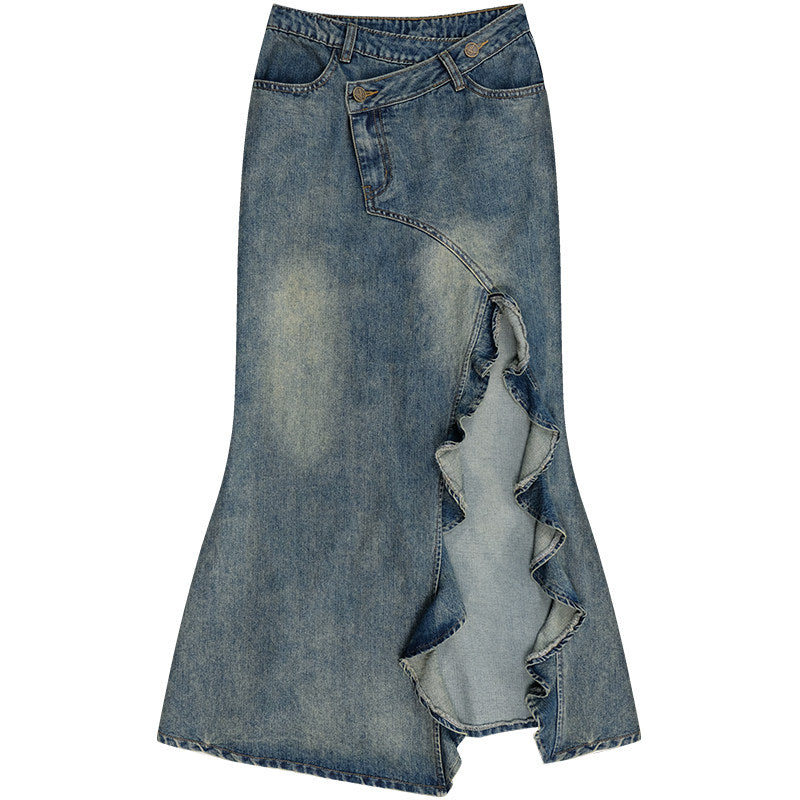 Retro High-Waisted Denim Fishtail Skirt