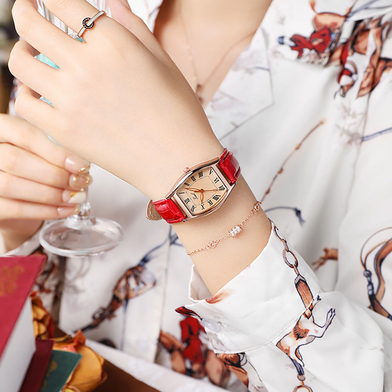 Retro Barrel-Shaped Leather Strap Quartz Watch for Women