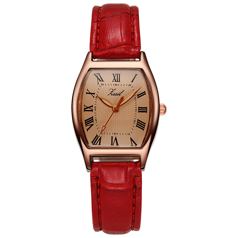 Retro Barrel-Shaped Leather Strap Quartz Watch for Women