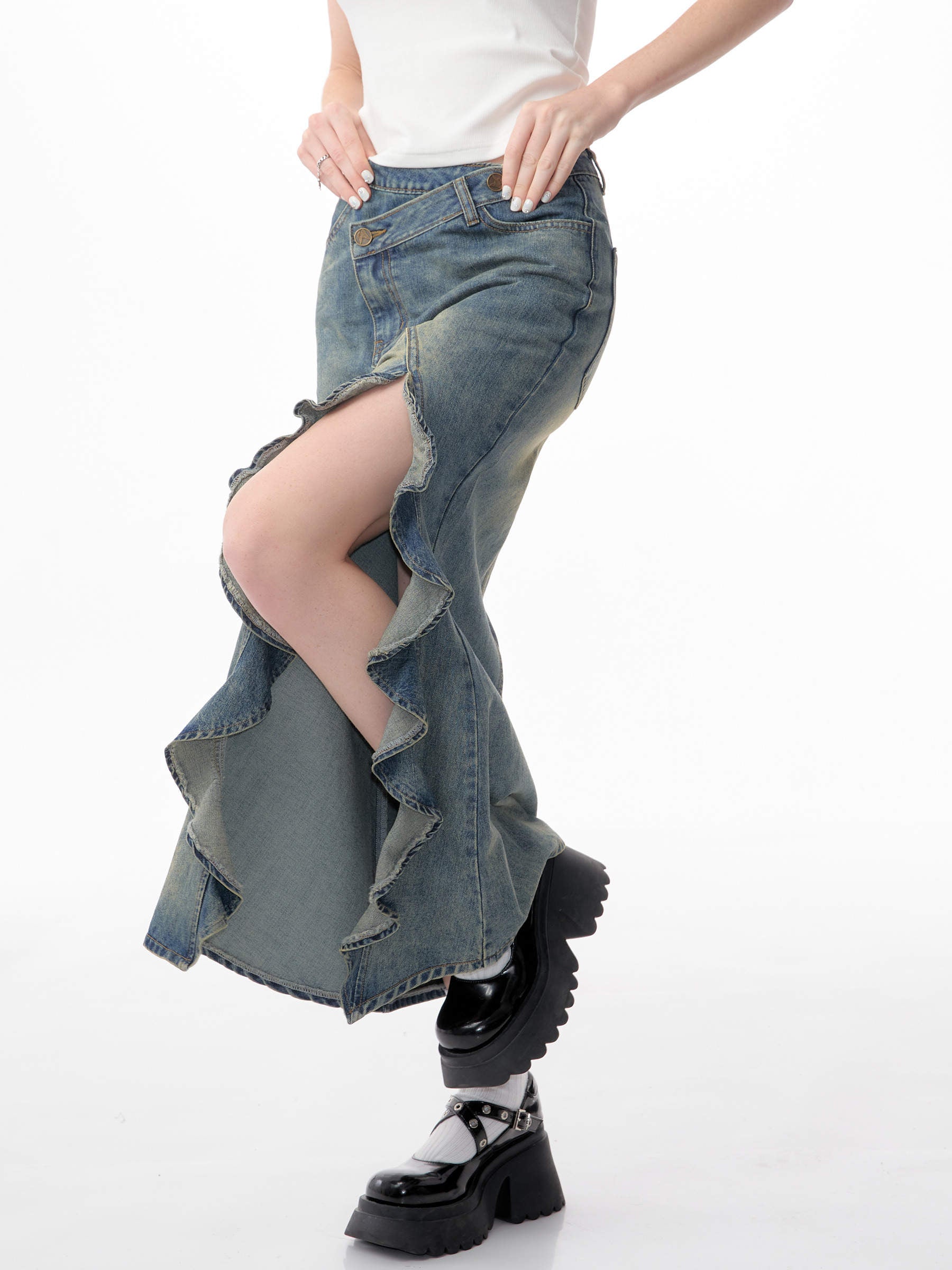 Retro High-Waisted Denim Fishtail Skirt
