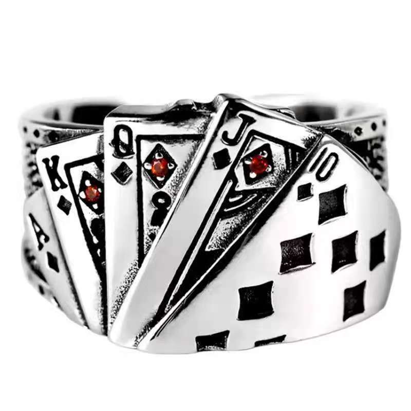 1 Pc Vintage Adjustable Ring For Men, Fashion Personality Exaggerated Poker Pattern Ring, Party Accessories