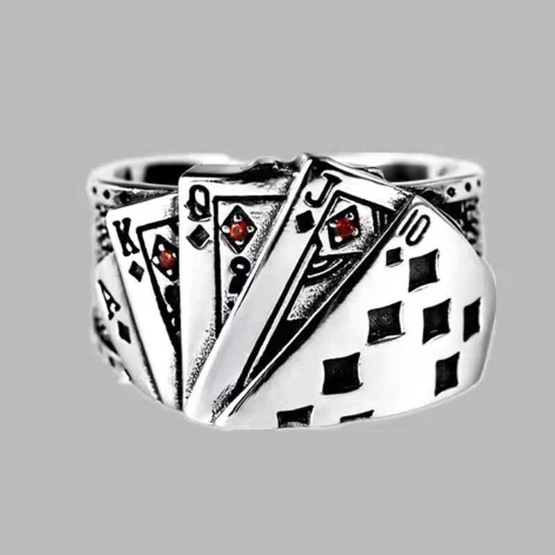 1 Pc Vintage Adjustable Ring For Men, Fashion Personality Exaggerated Poker Pattern Ring, Party Accessories